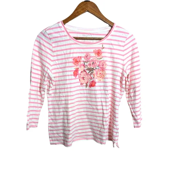Talbots Pink & White Cotton Striped Floral Long Sleeve Tee Shirt MP - Picture 1 of 5
